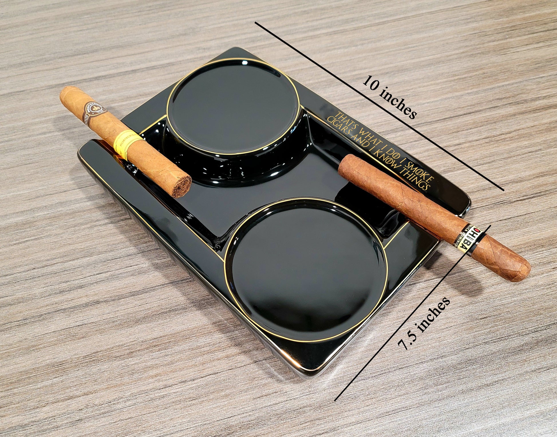 Personalized 2 Cigar Ceramic Ashtray, 2 Drink Coaster Whiskey Cup Glass rest Seduction Black with Elegant Gold Trims - SIKARX