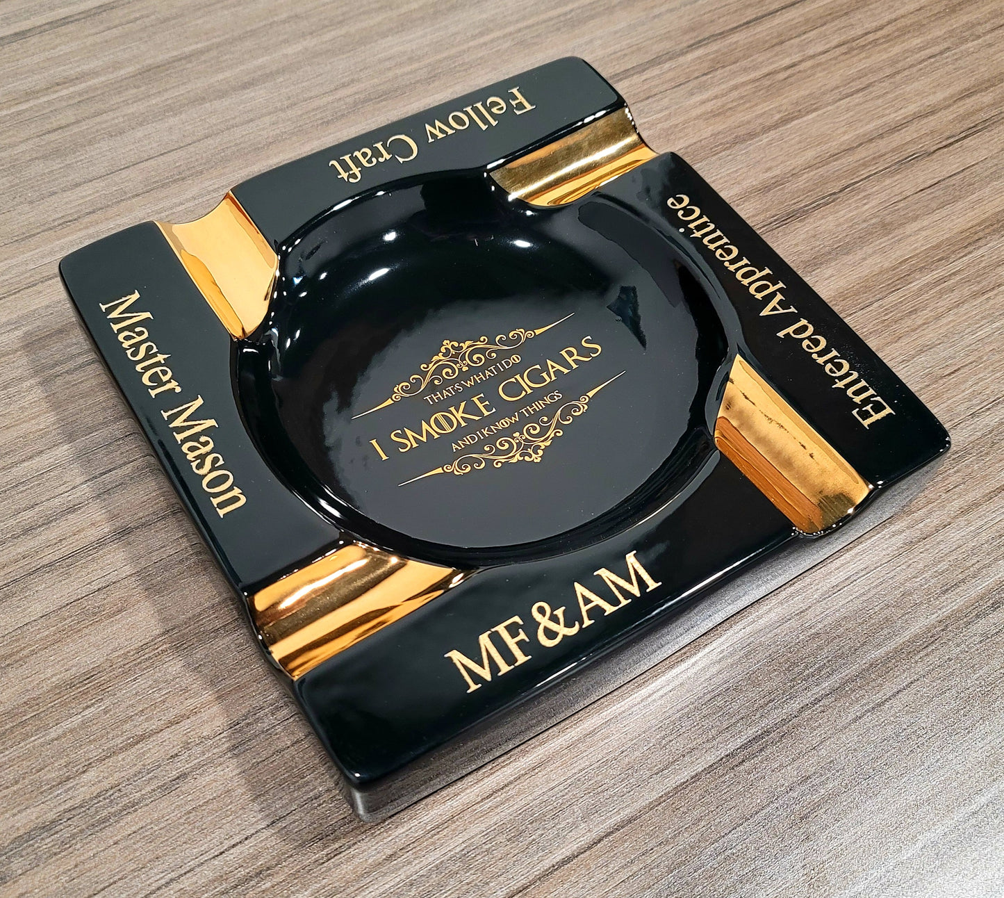 Personalized Gold & Brown Large Cigars Ceramic Ashtray for Patio / Outdoor Use 4 Cigar rests - SIKARX