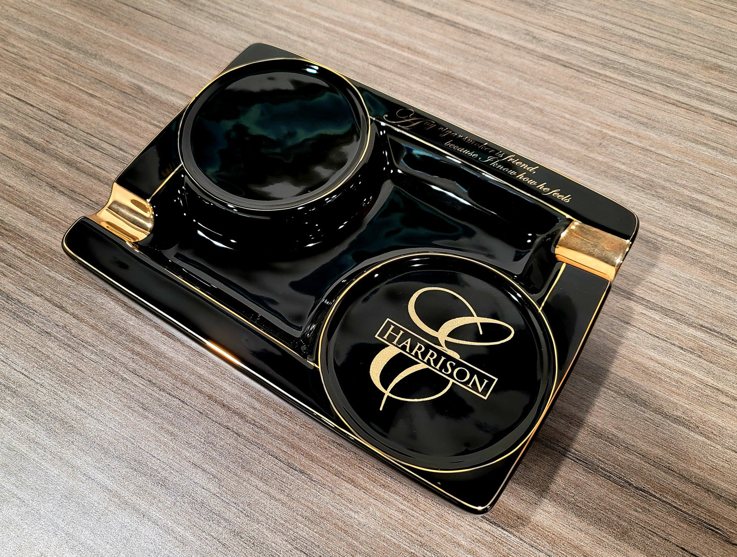 Personalized 2 Cigar Ceramic Ashtray, 2 Drink Coaster Whiskey Cup Glass rest Seduction Black with Elegant Gold Trims - SIKARX