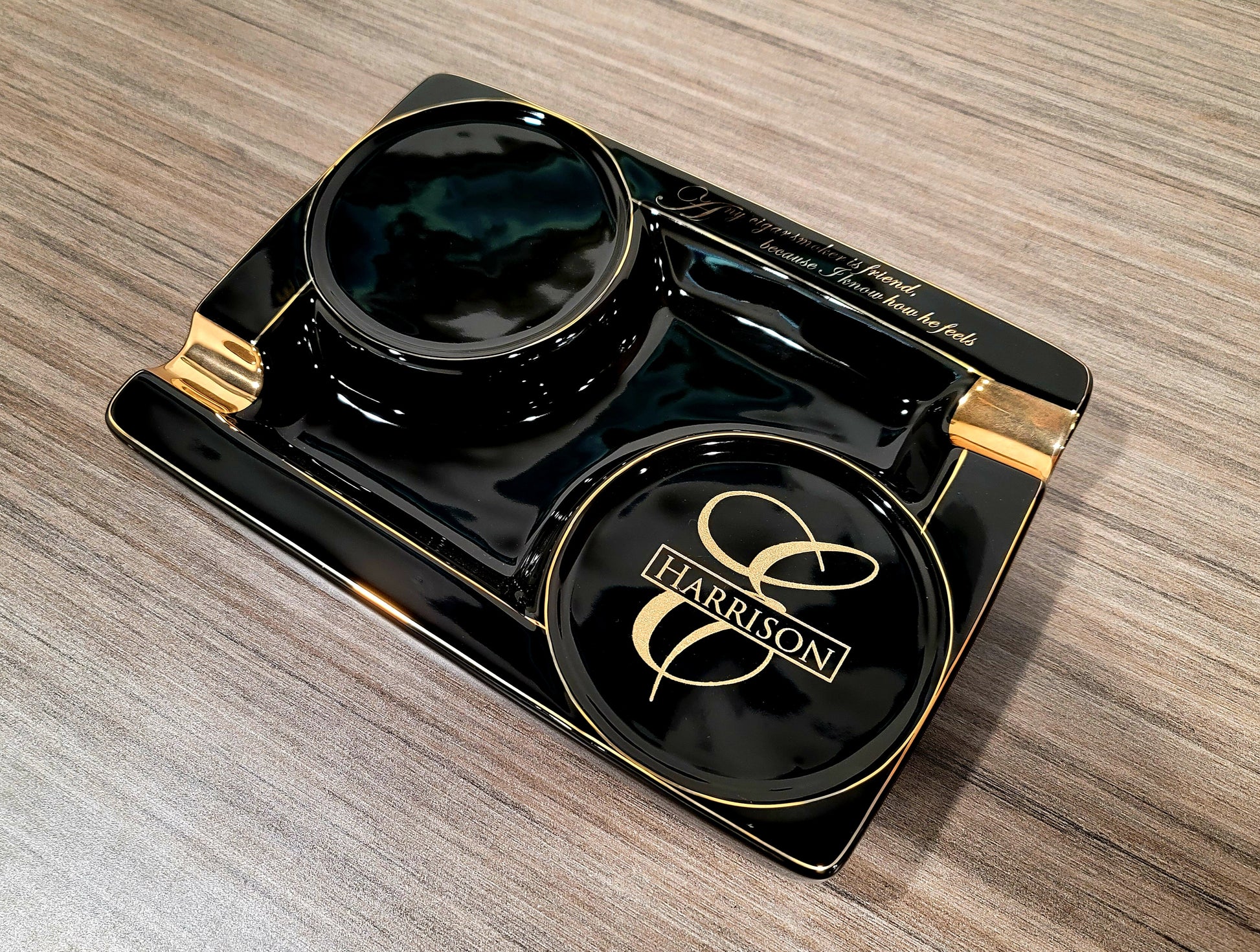 Personalized 2 Cigar Ceramic Ashtray, 2 Drink Coaster Whiskey Cup Glass rest Seduction Black with Elegant Gold Trims - SIKARX