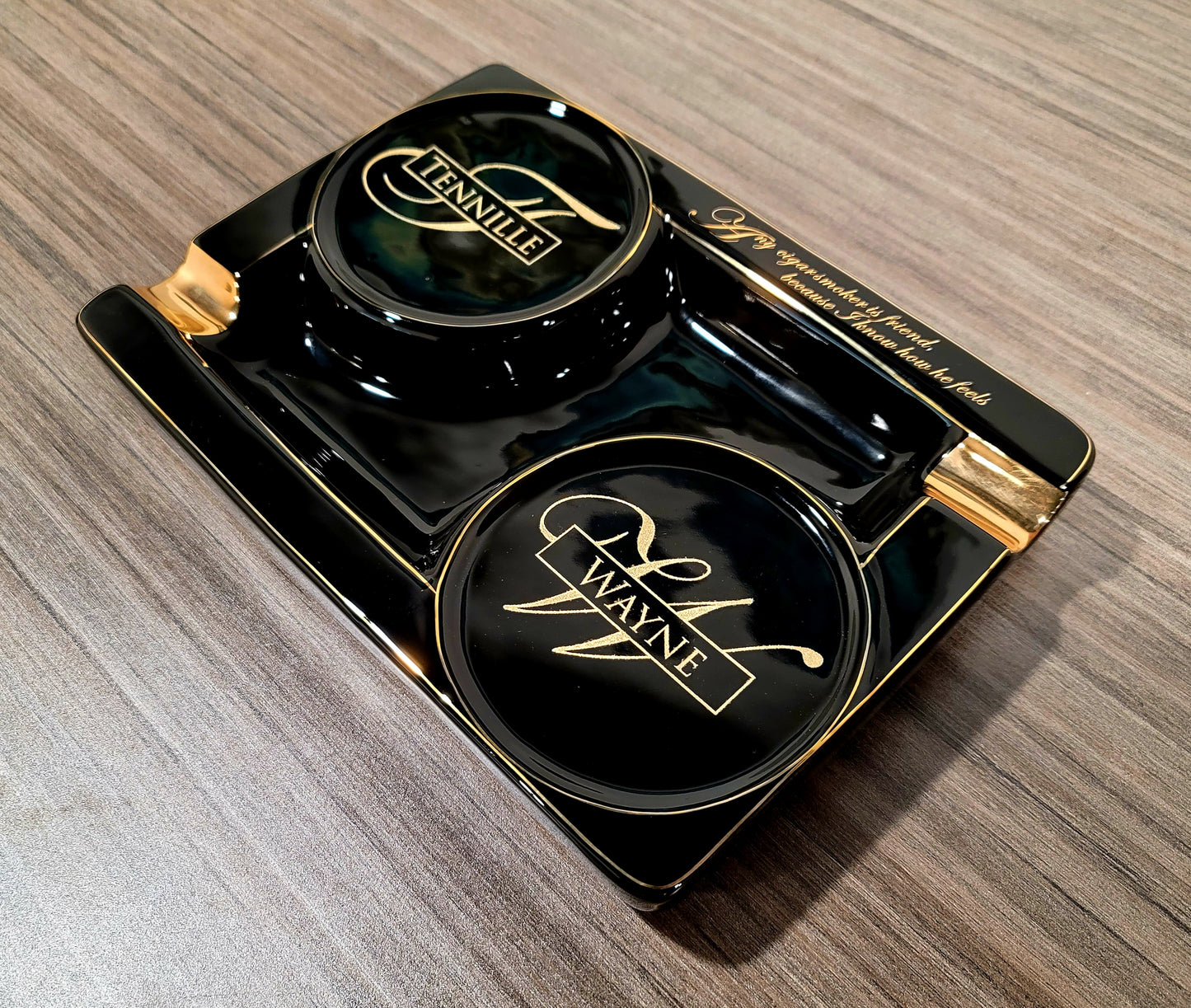 Personalized 2 Cigar Ceramic Ashtray, 2 Drink Coaster Whiskey Cup Glass rest Seduction Black with Elegant Gold Trims - SIKARX