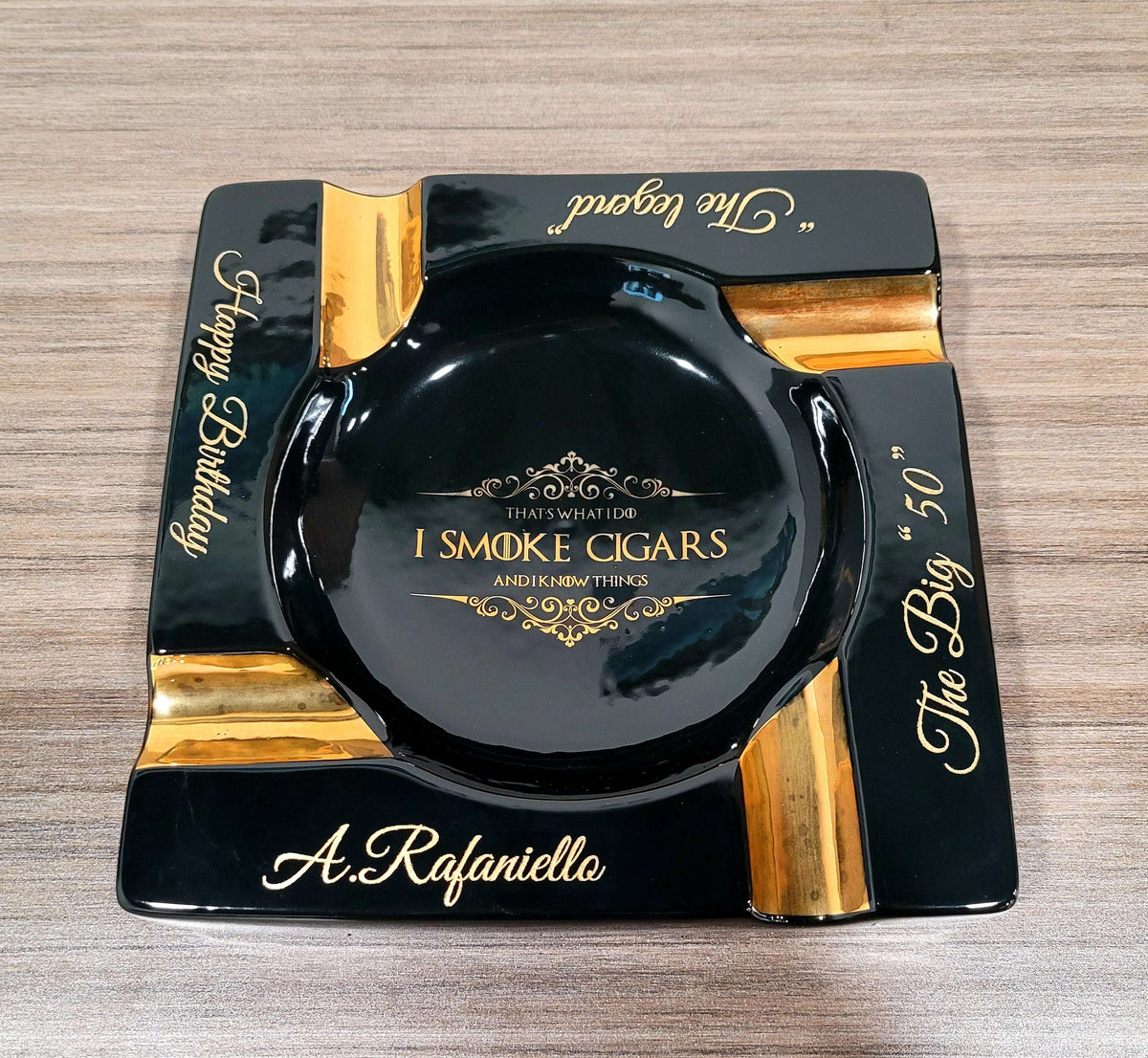 Personalized Gold & Brown Large Cigars Ceramic Ashtray for Patio / Outdoor Use 4 Cigar rests - SIKARX