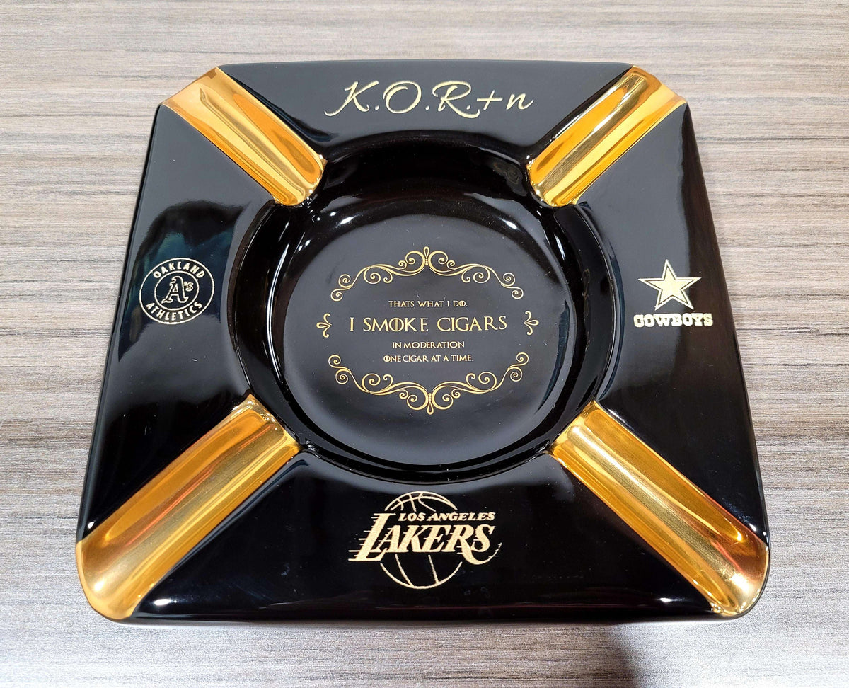 Personalized That's what I do I smoke cigars Black and Gold Large 4 Cigars Ceramic Ashtray Outdoor Use 4 Cigar rests - SIKARX