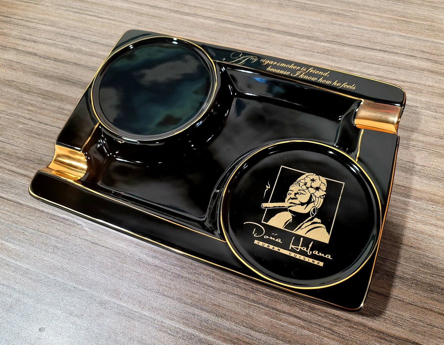 Personalized 2 Cigar Ceramic Ashtray, 2 Drink Coaster Whiskey Cup Glass rest Seduction Black with Elegant Gold Trims - SIKARX