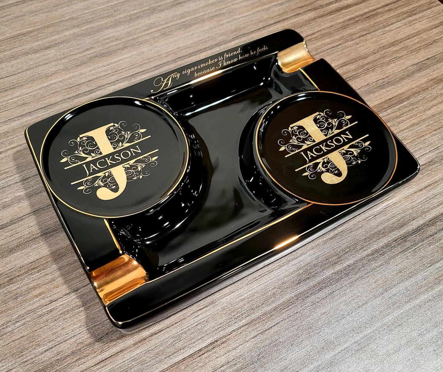 Personalized 2 Cigar Ceramic Ashtray, 2 Drink Coaster Whiskey Cup Glass rest Seduction Black with Elegant Gold Trims - SIKARX
