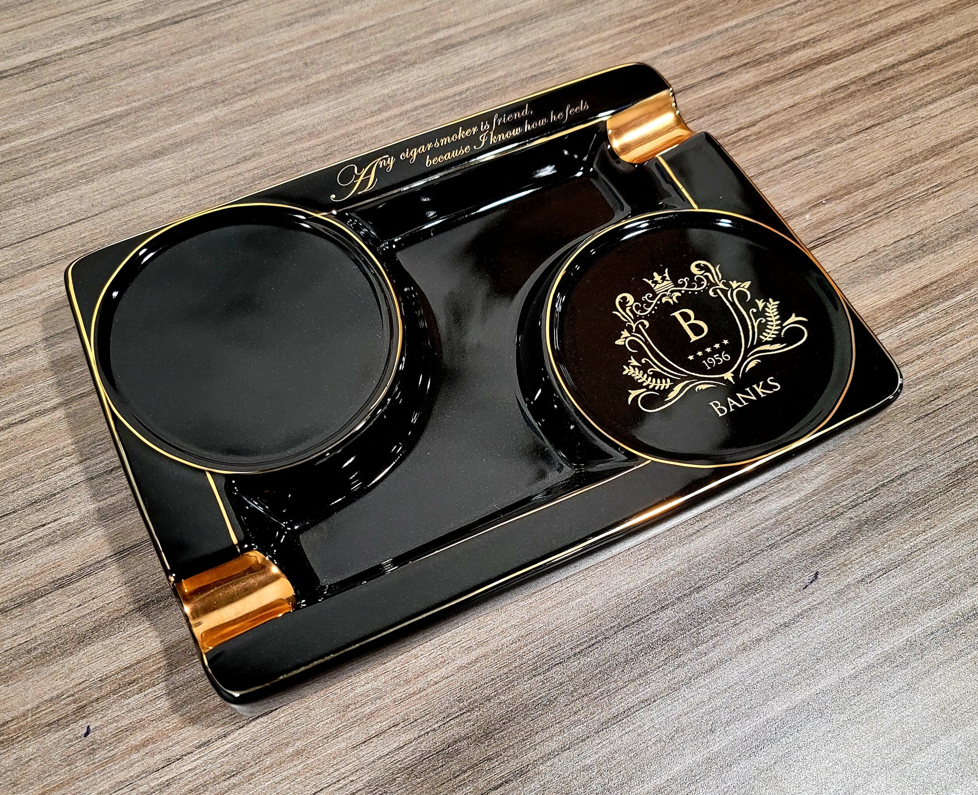 Personalized 2 Cigar Ceramic Ashtray, 2 Drink Coaster Whiskey Cup Glass rest Seduction Black with Elegant Gold Trims - SIKARX