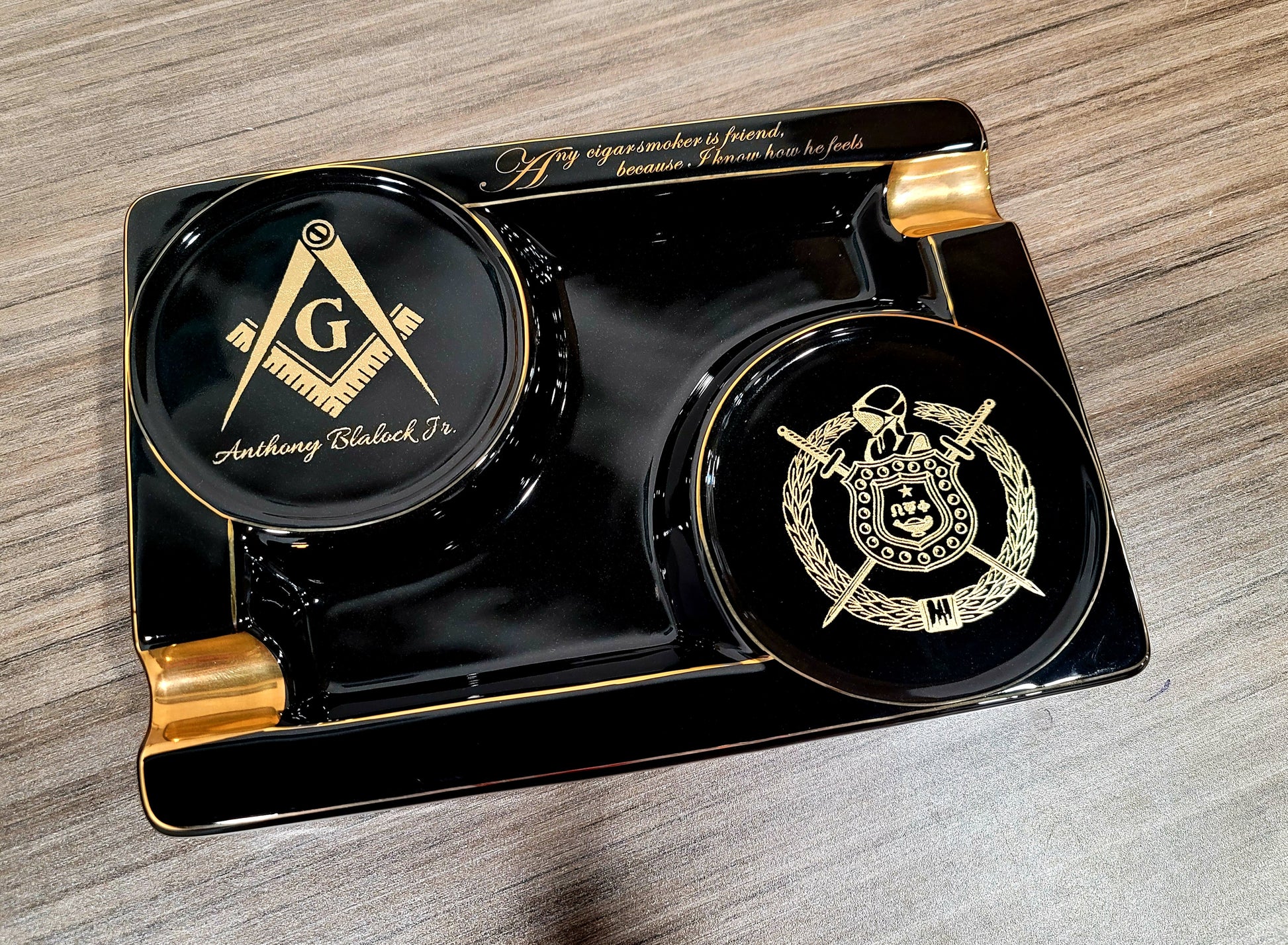 Personalized 2 Cigar Ceramic Ashtray, 2 Drink Coaster Whiskey Cup Glass rest Seduction Black with Elegant Gold Trims - SIKARX