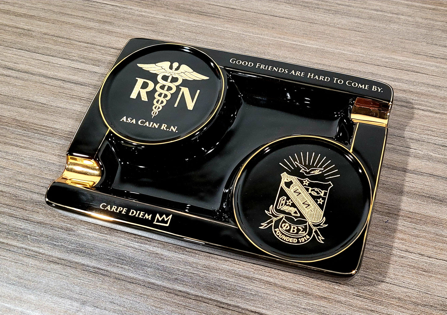 Personalized 2 Cigar Ceramic Ashtray, 2 Drink Coaster Whiskey Cup Glass rest Seduction Black with Elegant Gold Trims - SIKARX