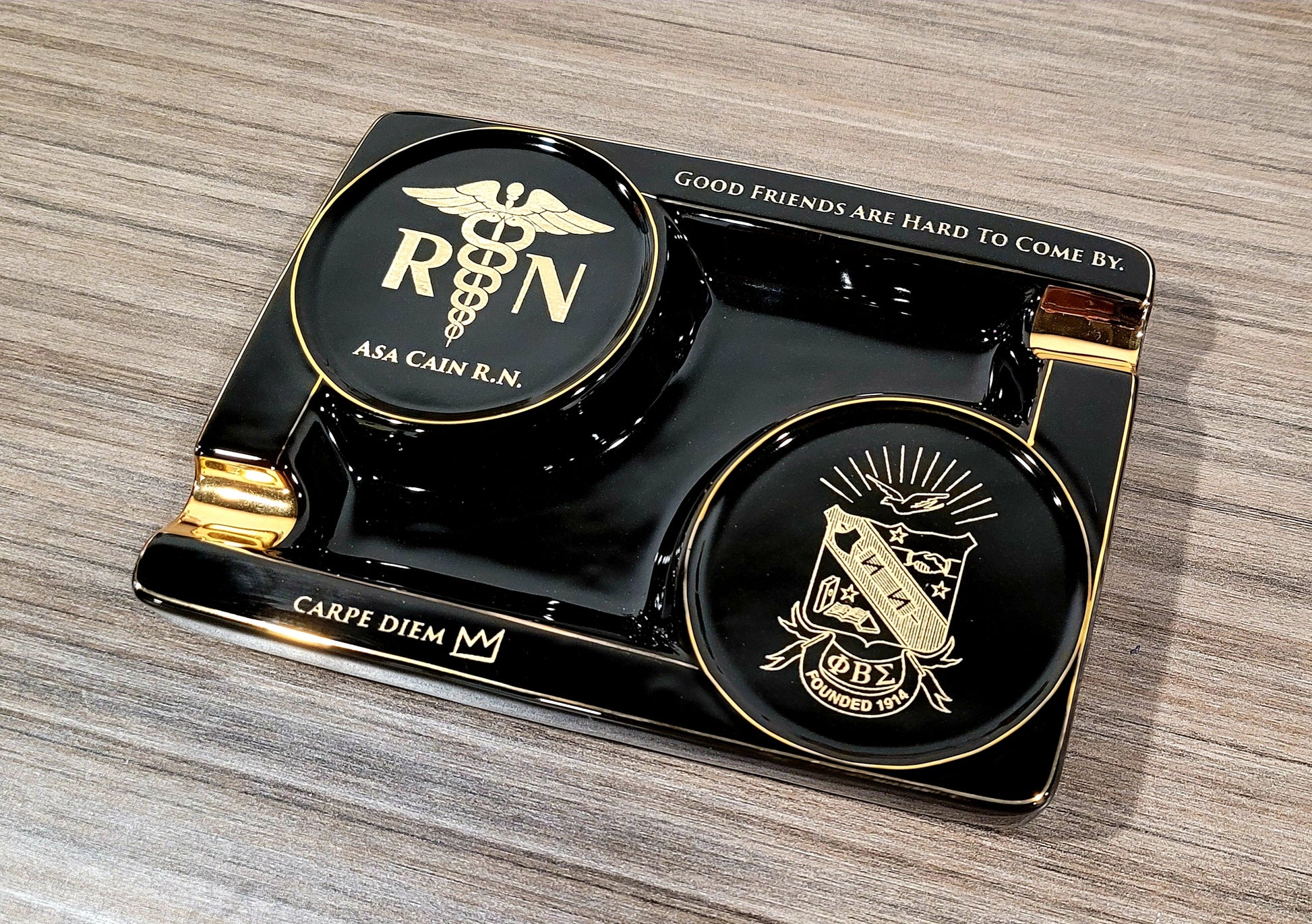 Personalized 2 Cigar Ceramic Ashtray, 2 Drink Coaster Whiskey Cup Glass rest Seduction Black with Elegant Gold Trims - SIKARX