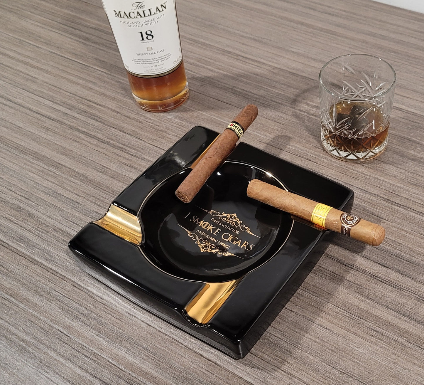 Personalized Gold & Brown Large Cigars Ceramic Ashtray for Patio / Outdoor Use 4 Cigar rests - SIKARX