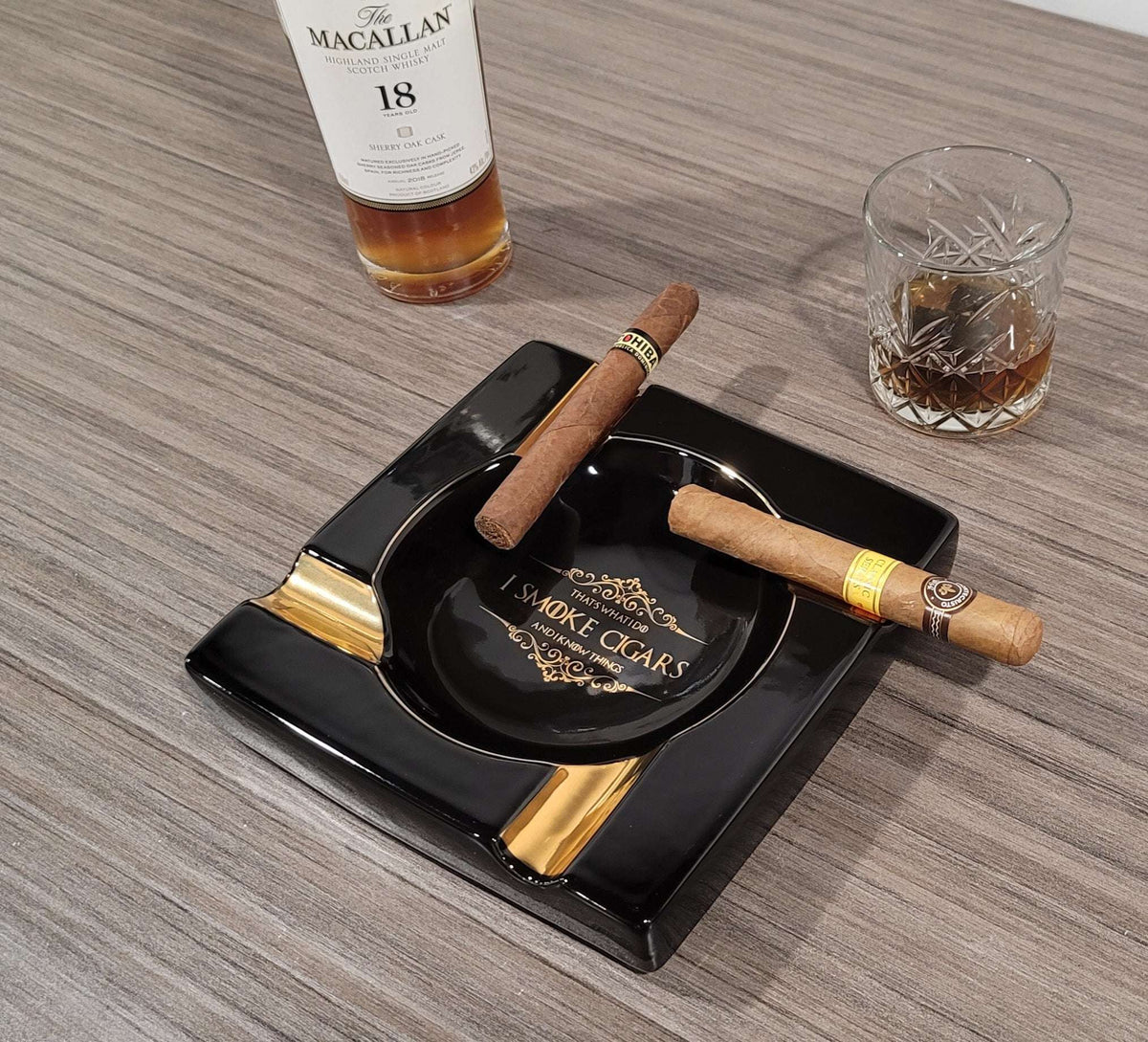 Personalized Gold & Brown Large Cigars Ceramic Ashtray for Patio / Outdoor Use 4 Cigar rests - SIKARX