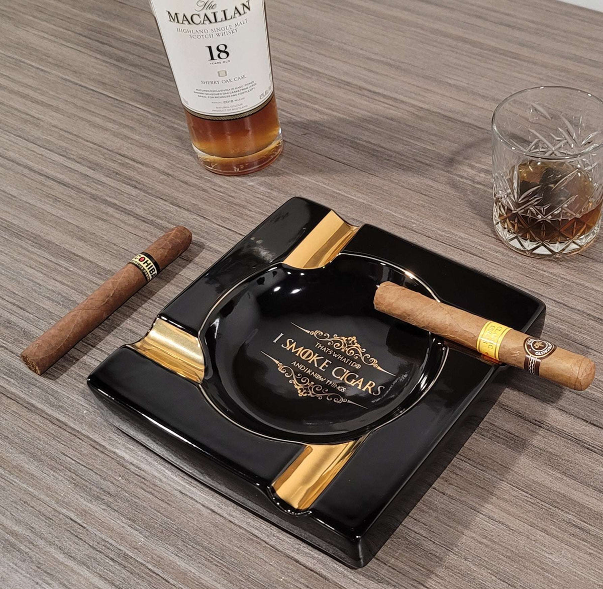 Personalized Gold & Brown Large Cigars Ceramic Ashtray for Patio / Outdoor Use 4 Cigar rests - SIKARX
