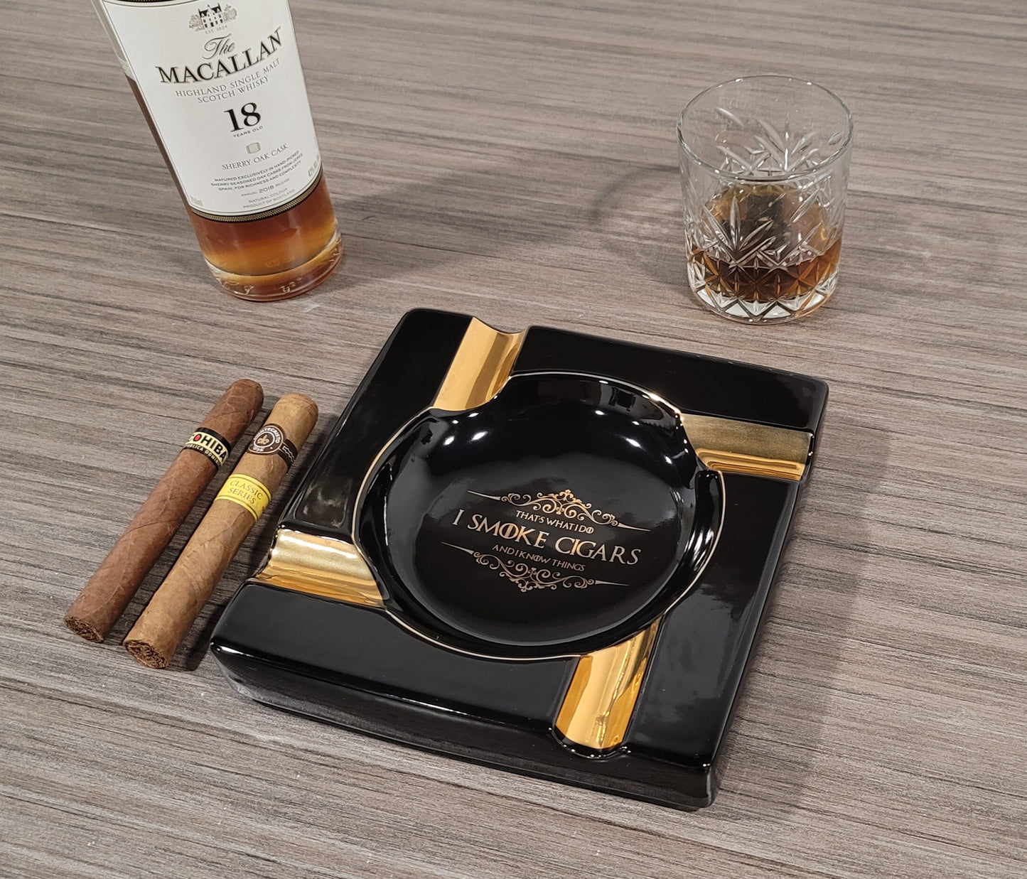 Personalized Gold & Brown Large Cigars Ceramic Ashtray for Patio / Outdoor Use 4 Cigar rests - SIKARX