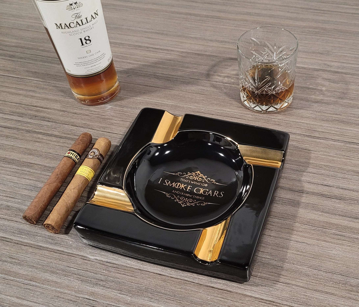 Personalized Gold & Brown Large Cigars Ceramic Ashtray for Patio / Outdoor Use 4 Cigar rests - SIKARX