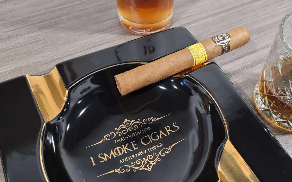 Personalized Gold & Brown Large Cigars Ceramic Ashtray for Patio / Outdoor Use 4 Cigar rests - SIKARX