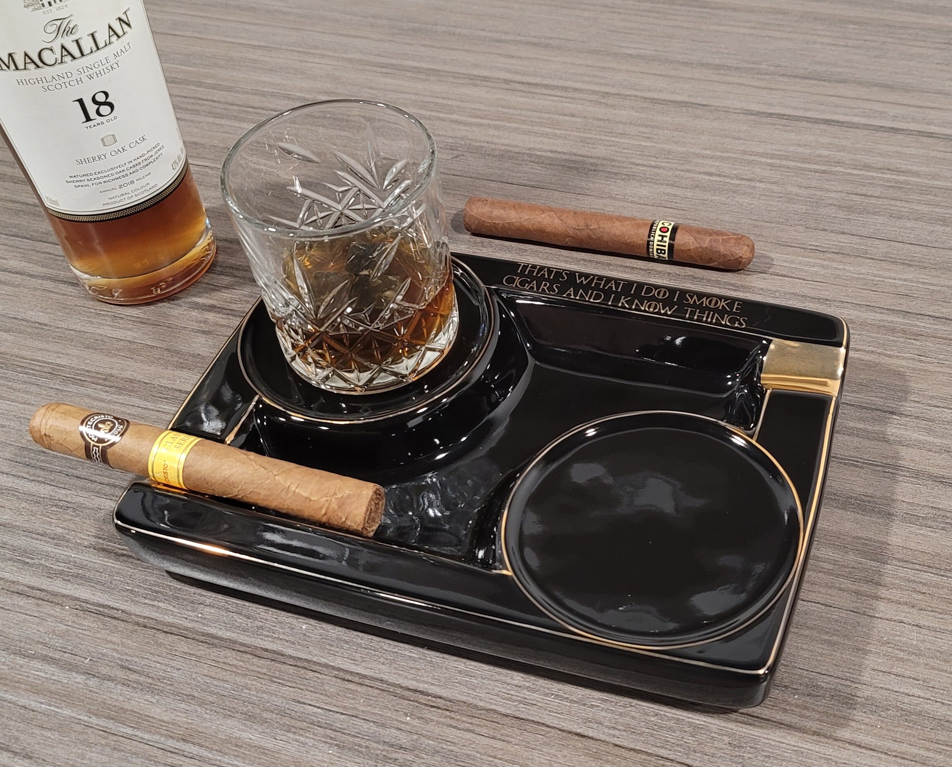 Personalized 2 Cigar Ceramic Ashtray, 2 Drink Coaster Whiskey Cup Glass rest Seduction Black with Elegant Gold Trims - SIKARX