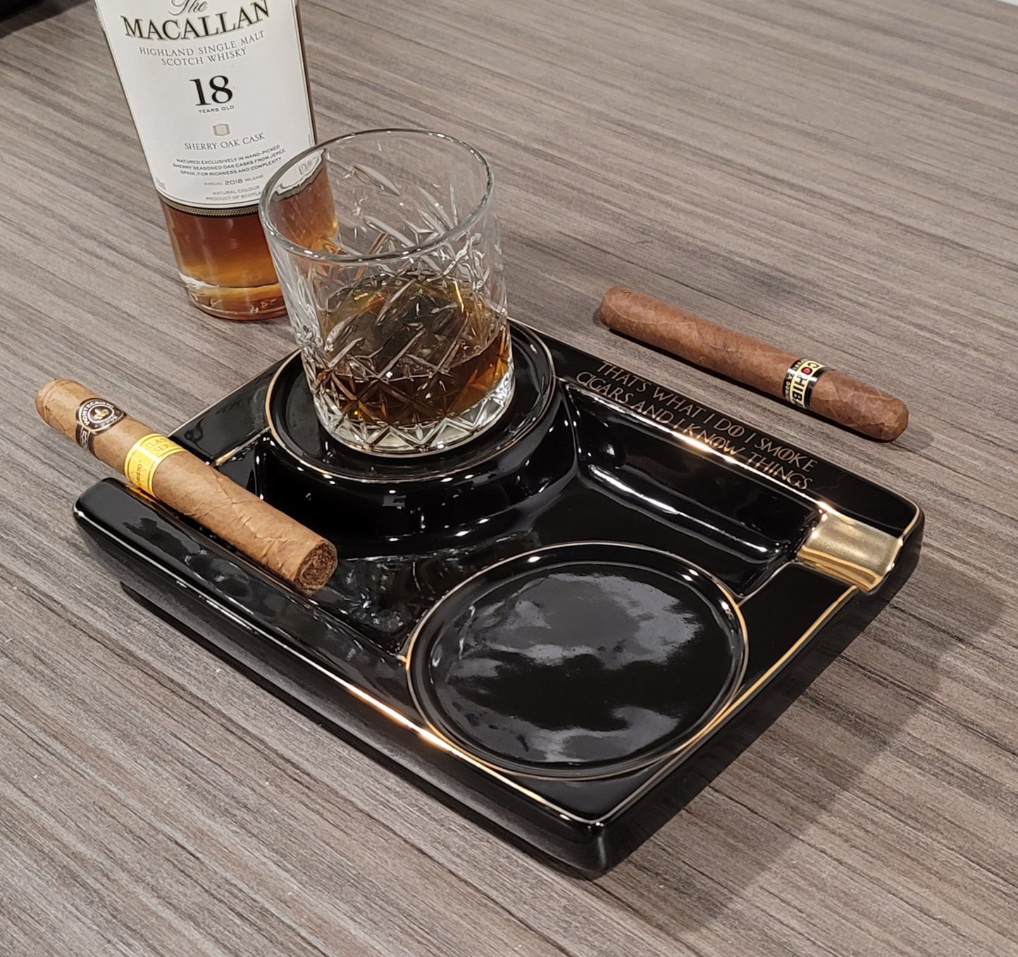 Personalized 2 Cigar Ceramic Ashtray, 2 Drink Coaster Whiskey Cup Glass rest Seduction Black with Elegant Gold Trims - SIKARX