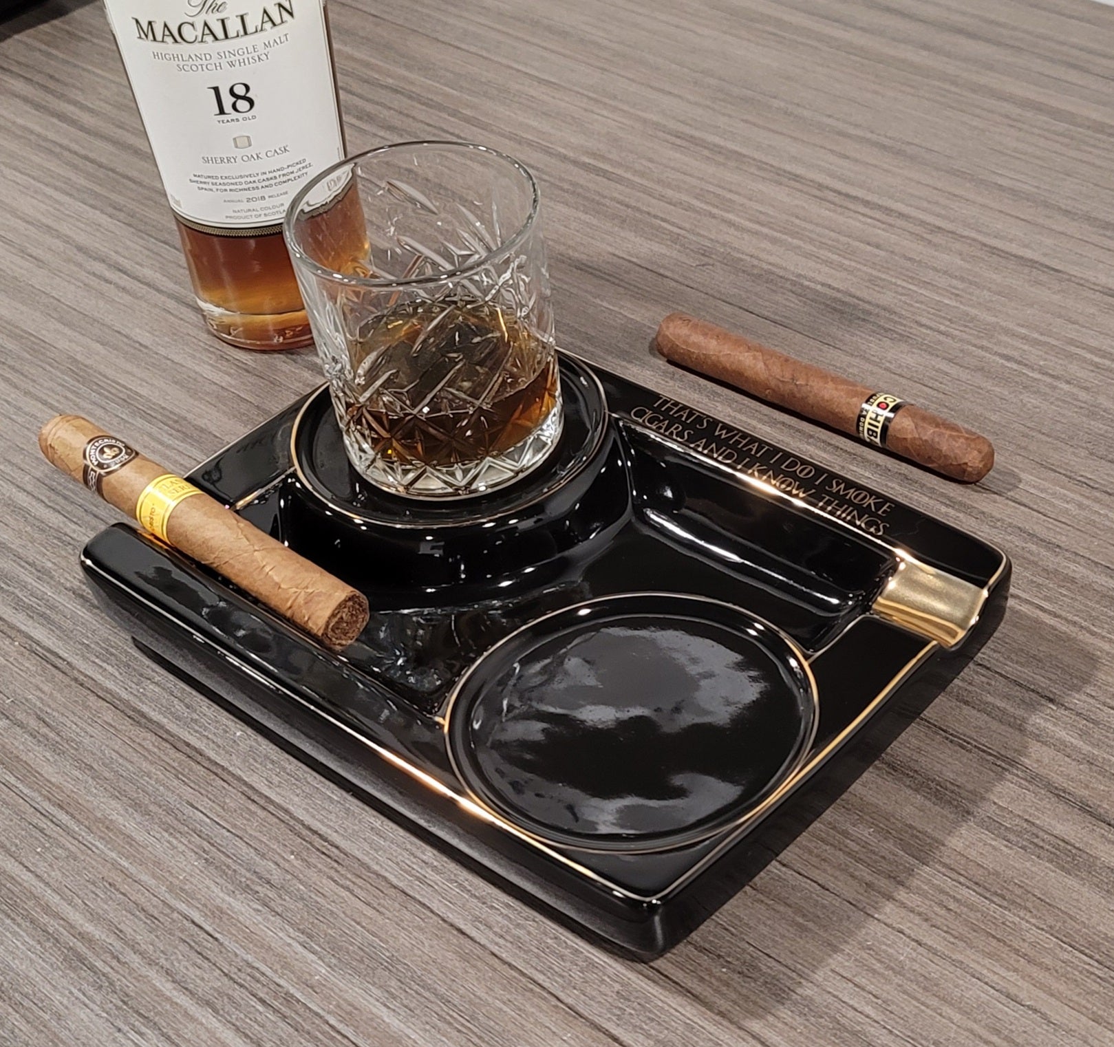 Personalized 2 Cigar Ceramic Ashtray, 2 Drink Coaster Whiskey Cup Glass rest Seduction Black with Elegant Gold Trims - SIKARX