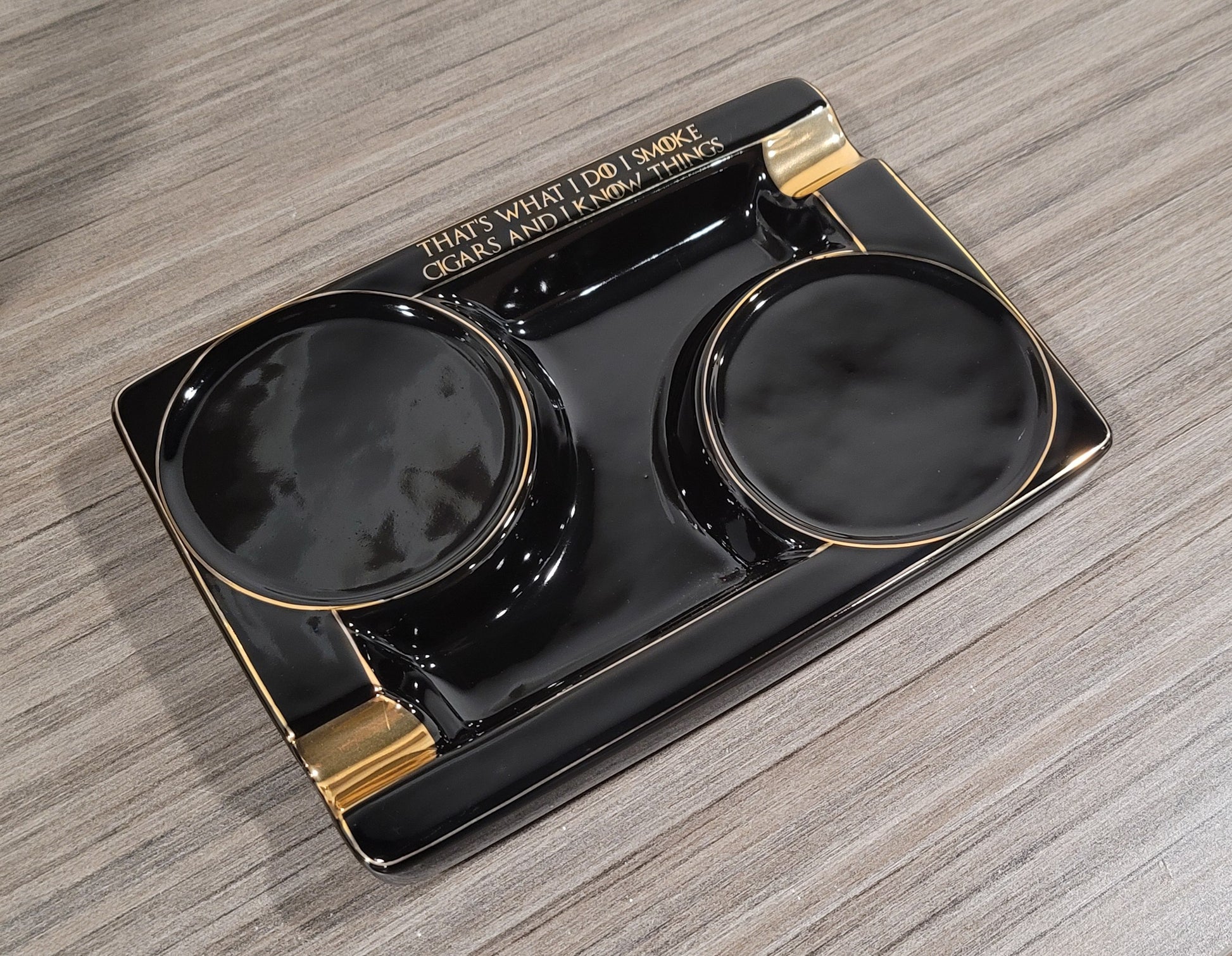 Personalized 2 Cigar Ceramic Ashtray, 2 Drink Coaster Whiskey Cup Glass rest Seduction Black with Elegant Gold Trims - SIKARX