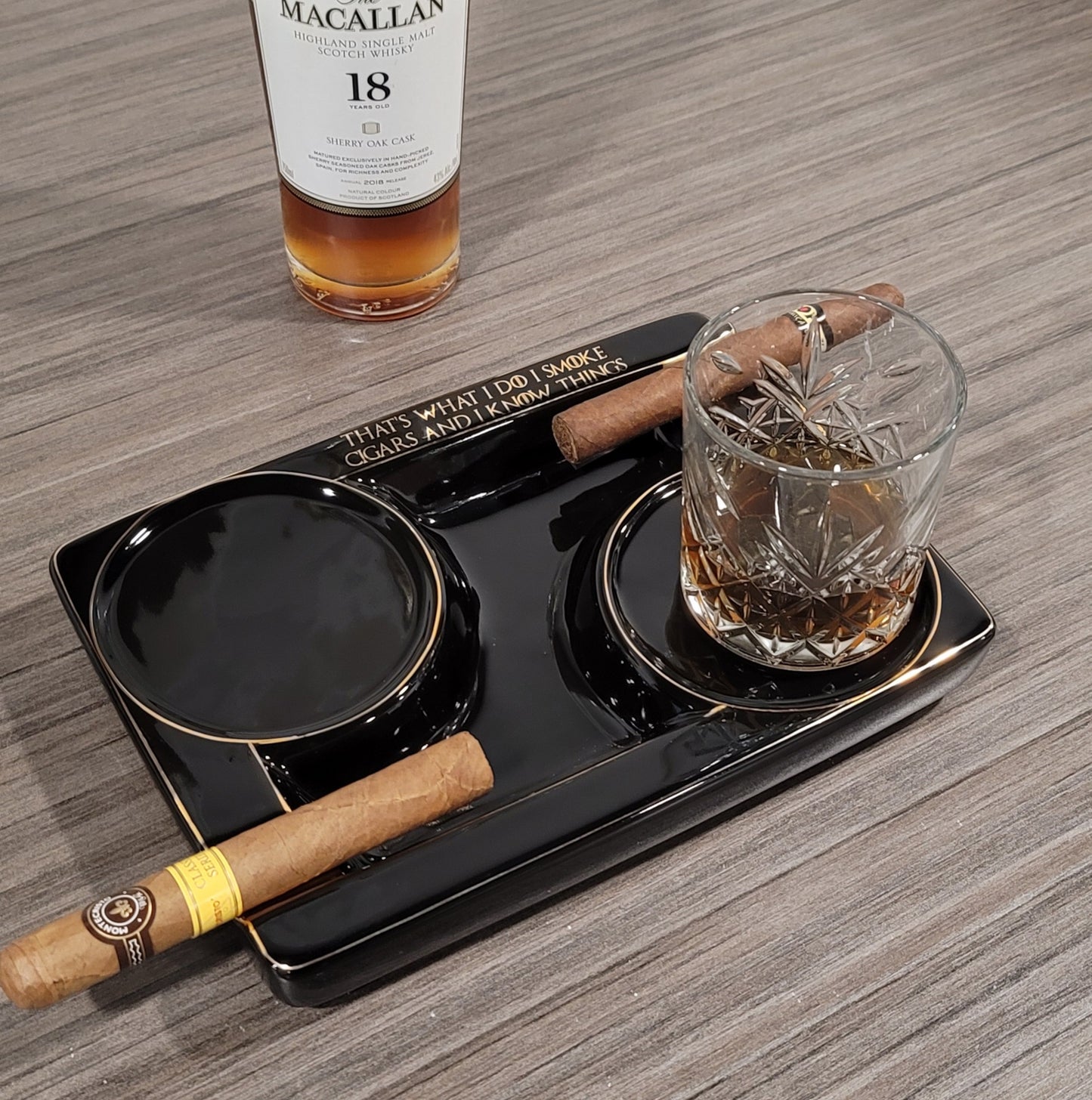 Personalized 2 Cigar Ceramic Ashtray, 2 Drink Coaster Whiskey Cup Glass rest Seduction Black with Elegant Gold Trims - SIKARX