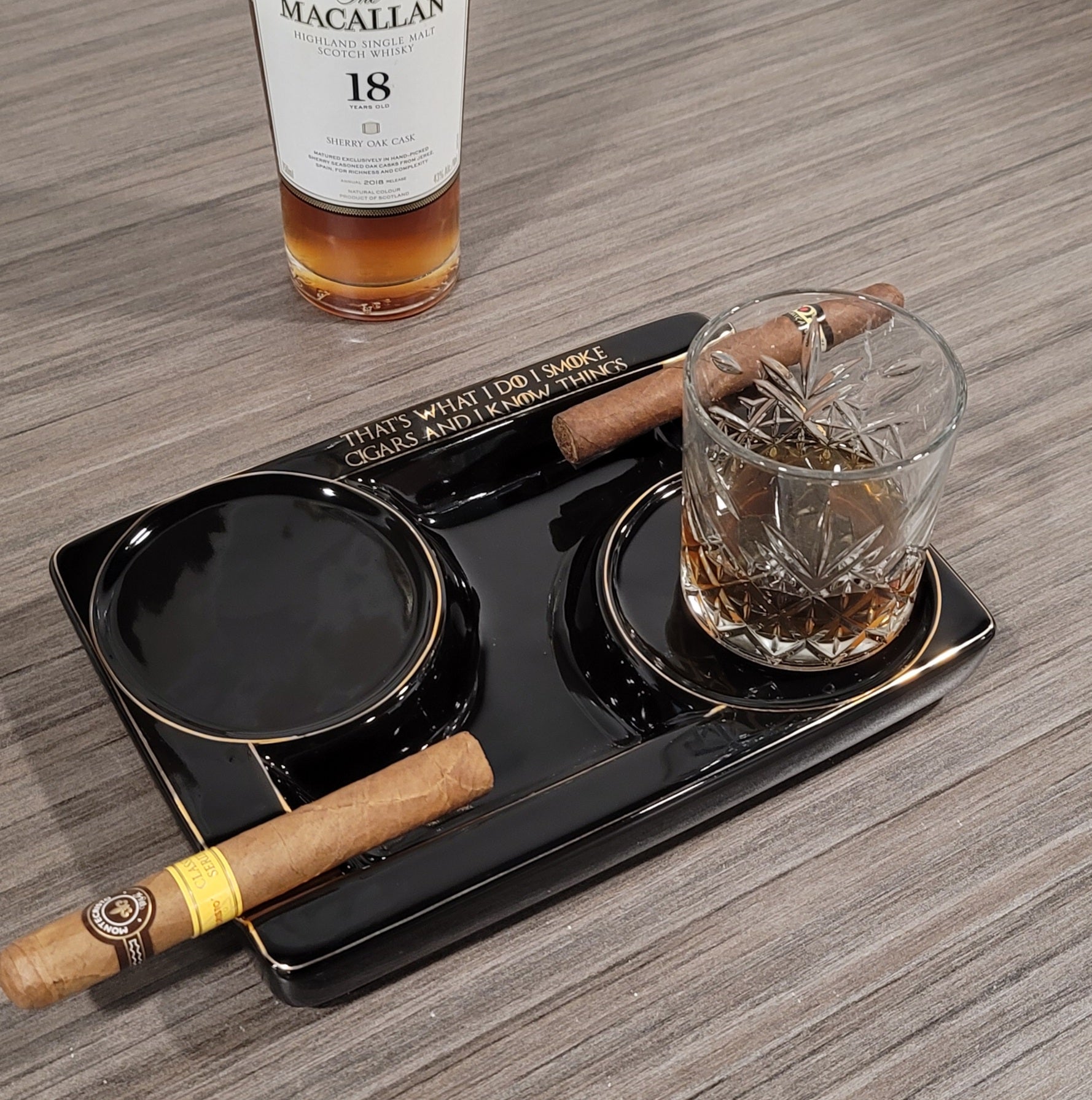 Personalized 2 Cigar Ceramic Ashtray, 2 Drink Coaster Whiskey Cup Glass rest Seduction Black with Elegant Gold Trims - SIKARX