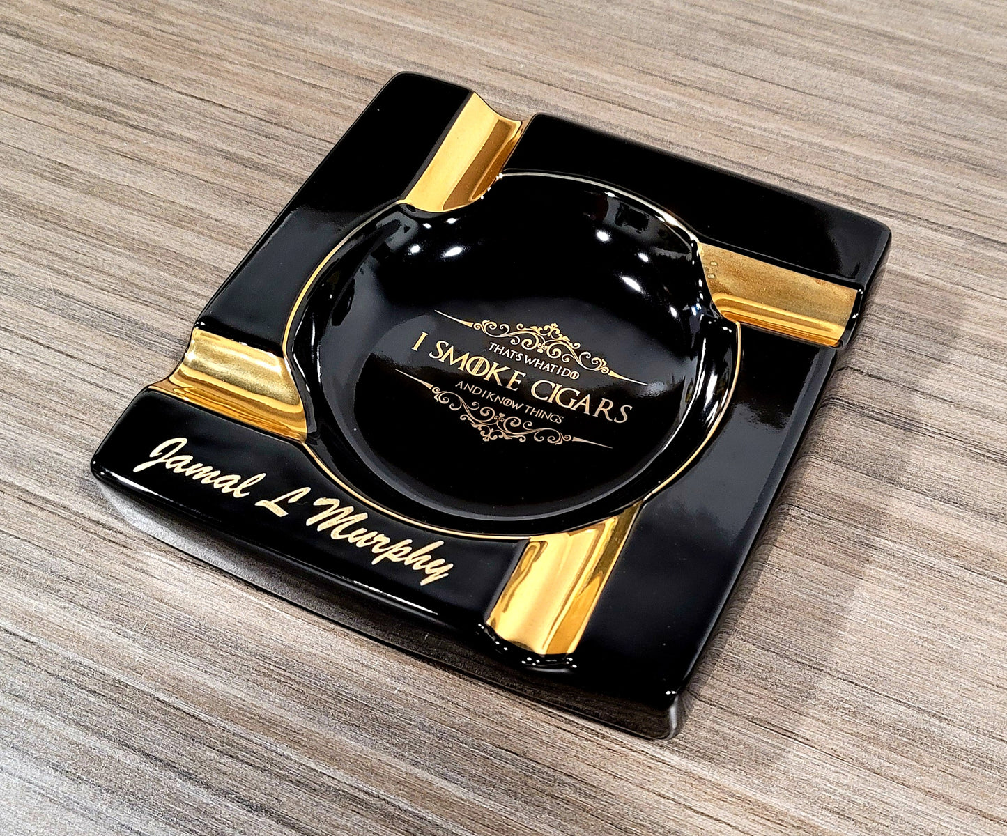 Personalized Gold & Brown Large Cigars Ceramic Ashtray for Patio / Outdoor Use 4 Cigar rests - SIKARX