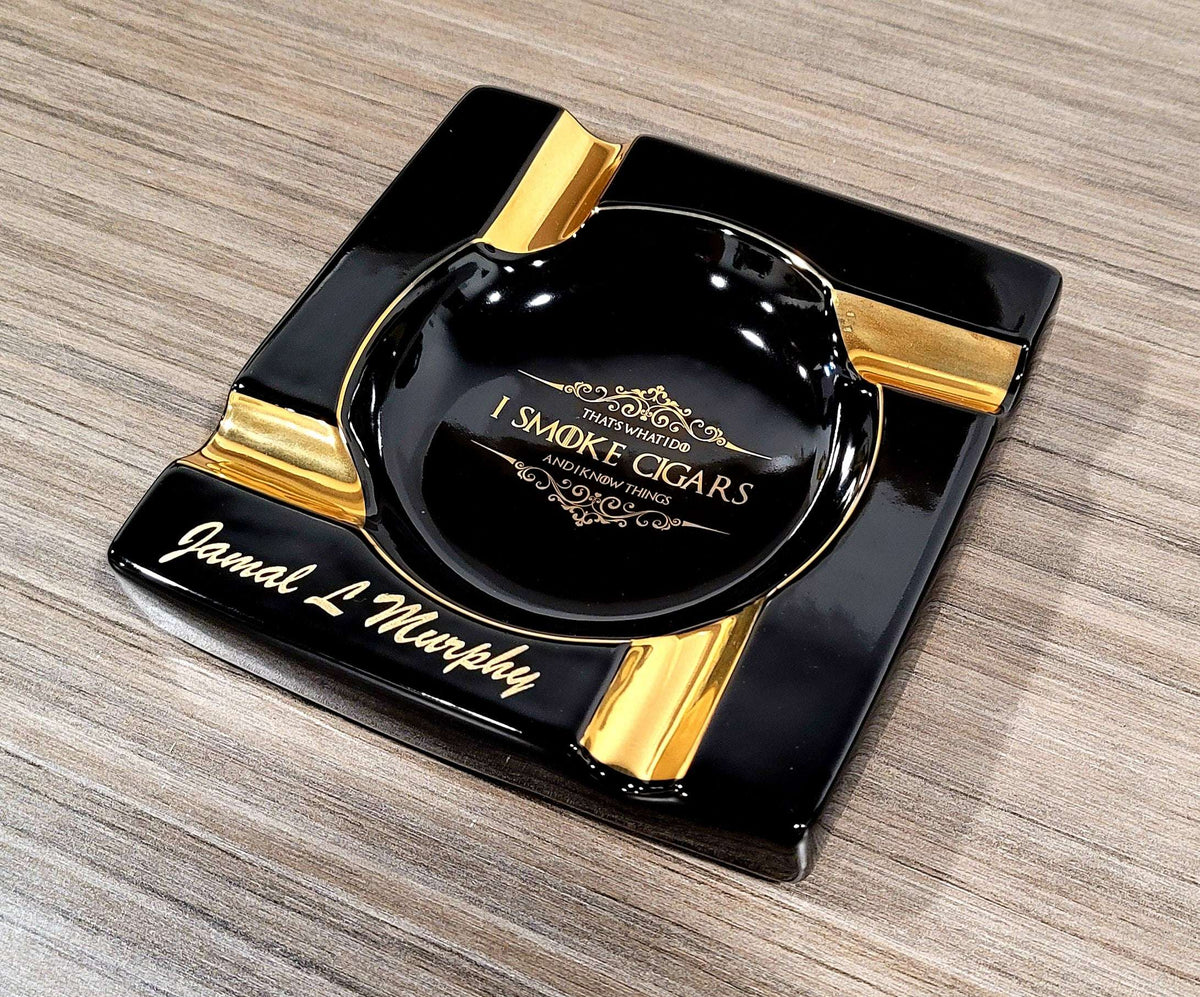 Personalized Gold & Brown Large Cigars Ceramic Ashtray for Patio / Outdoor Use 4 Cigar rests - SIKARX