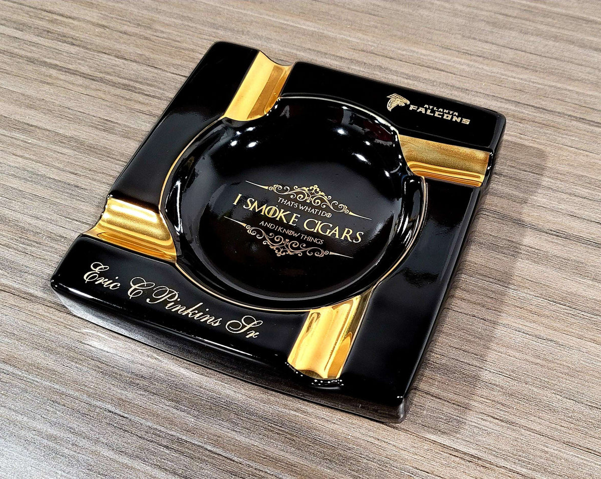 Personalized Gold & Brown Large Cigars Ceramic Ashtray for Patio / Outdoor Use 4 Cigar rests - SIKARX