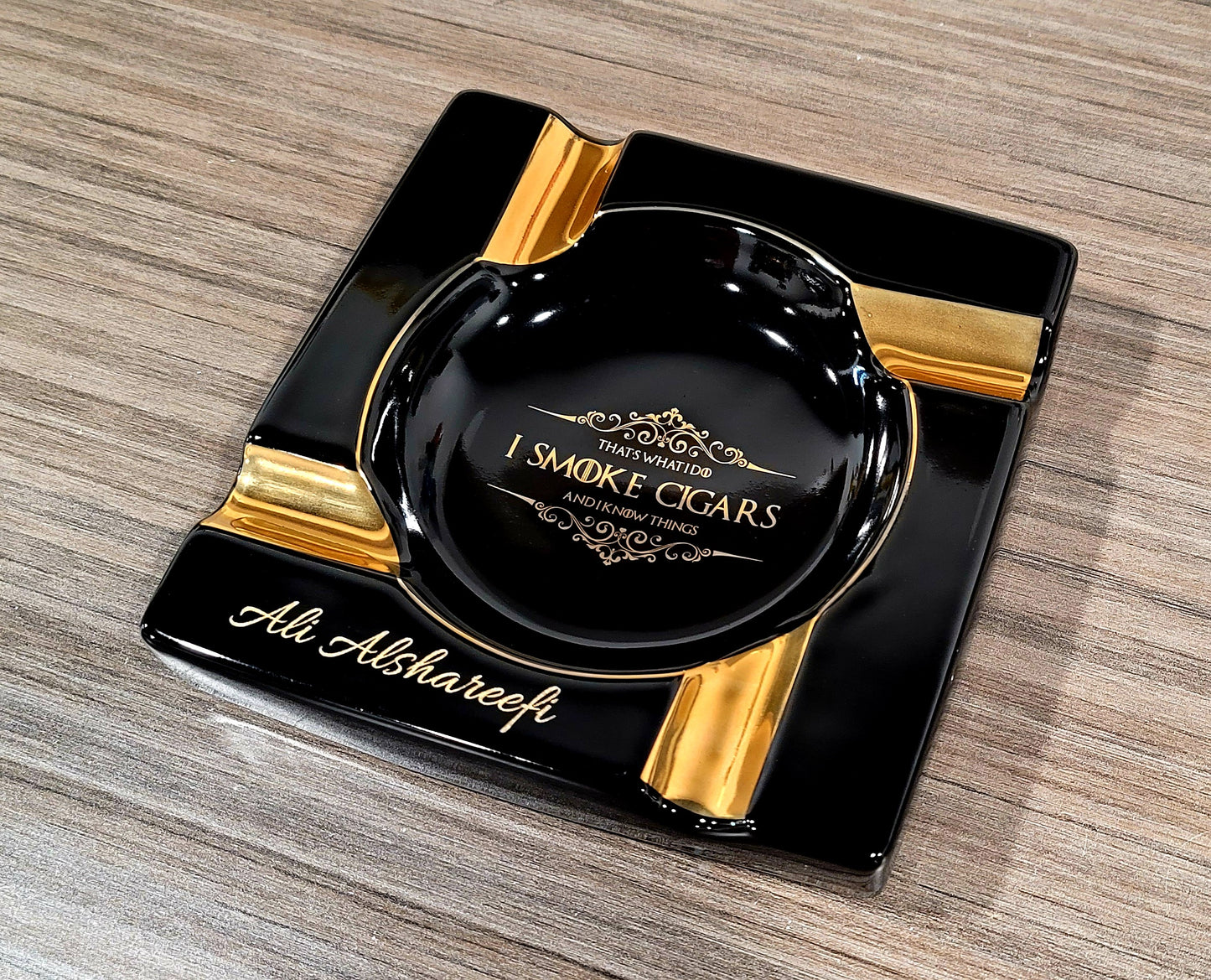 Personalized Gold & Brown Large Cigars Ceramic Ashtray for Patio / Outdoor Use 4 Cigar rests - SIKARX