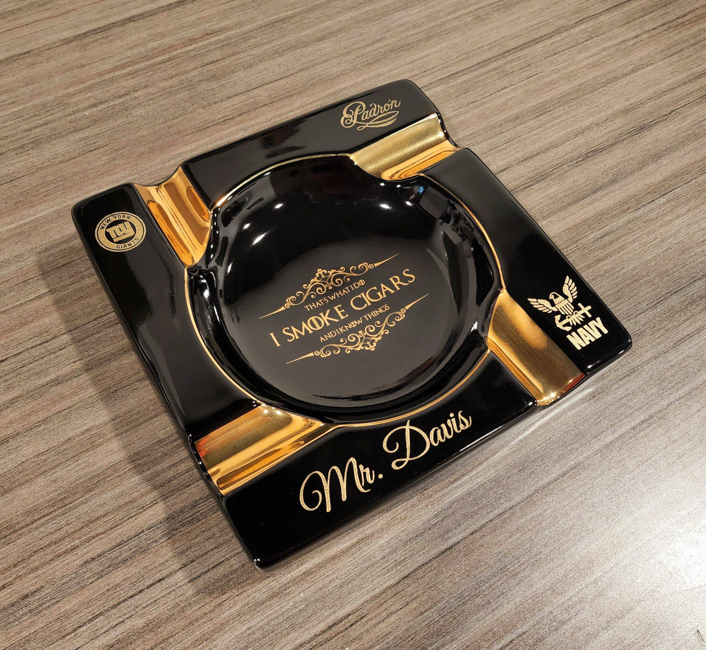 Personalized Gold & Brown Large Cigars Ceramic Ashtray for Patio / Outdoor Use 4 Cigar rests - SIKARX