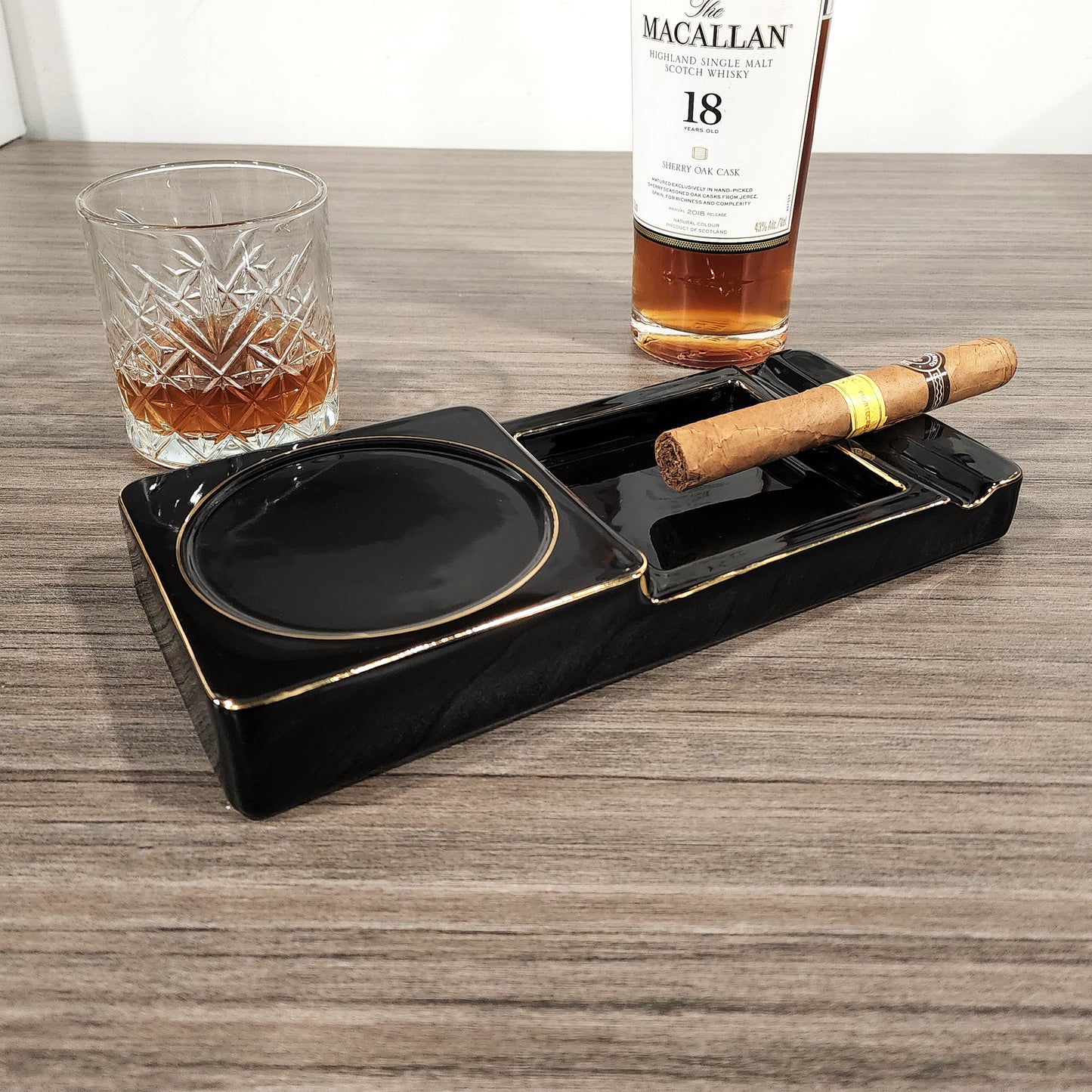 Personalized Ceramic Cigar Ashtray, Drink Coaster Whiskey Cup Glass rest Seduction Black with Elegant Gold Trims - SIKARX