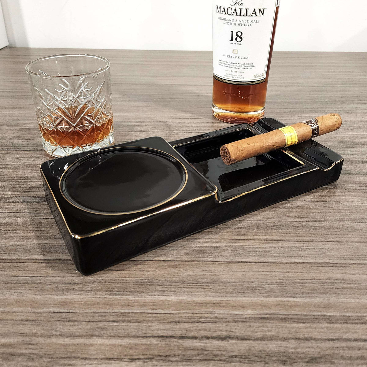 Personalized Ceramic Cigar Ashtray, Drink Coaster Whiskey Cup Glass rest Seduction Black with Elegant Gold Trims - SIKARX