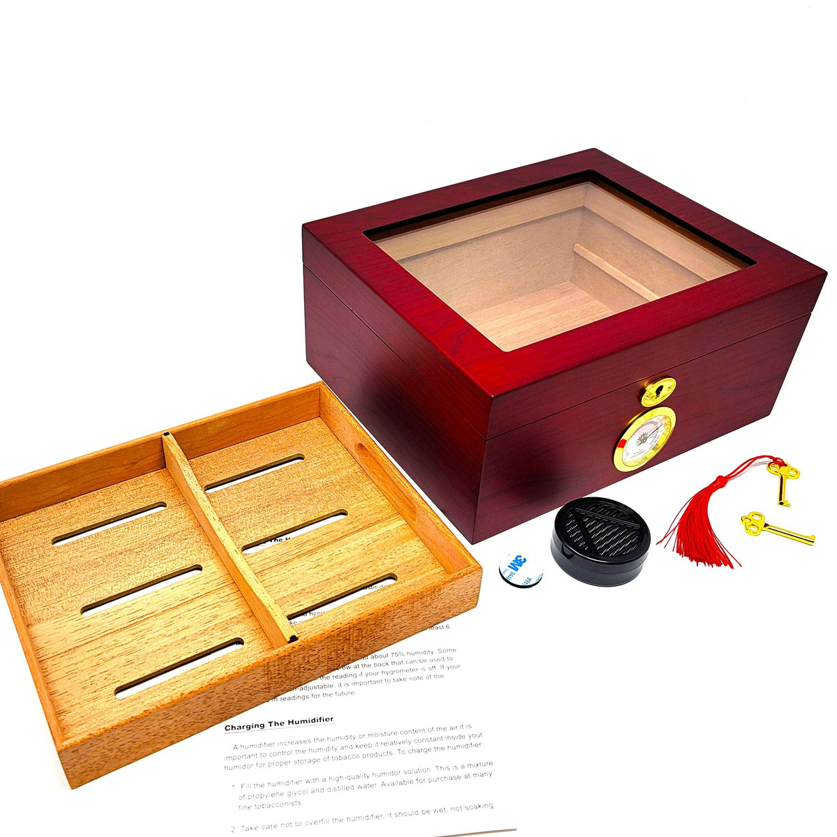 Personalized 25-50 Cigars Glass-Top Cigar Humidor, Stainless Steel Guillotine, Humidifier, Removable Spanish Cedar Tray & Divider Gift Set - SIKARX
