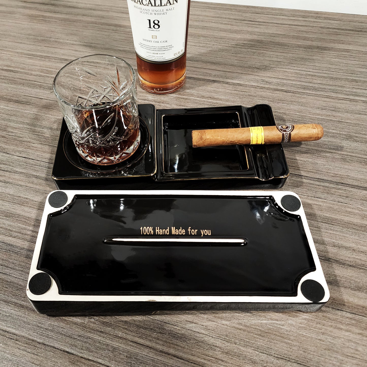 Personalized Ceramic Cigar Ashtray, Drink Coaster Whiskey Cup Glass rest Seduction Black with Elegant Gold Trims - SIKARX