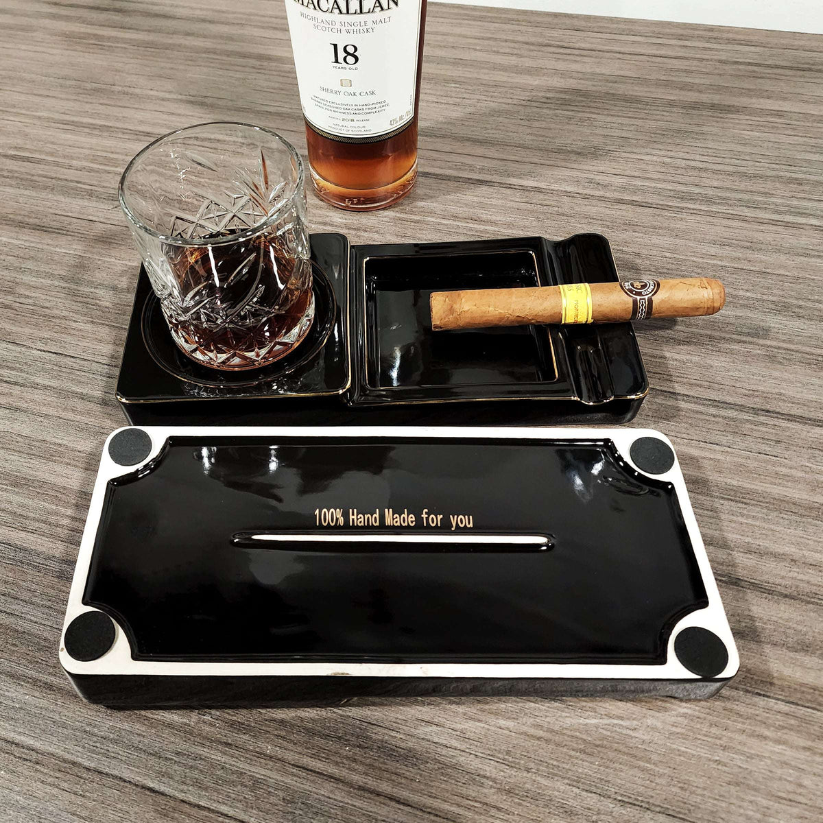 Personalized Ceramic Cigar Ashtray, Drink Coaster Whiskey Cup Glass rest Seduction Black with Elegant Gold Trims - SIKARX