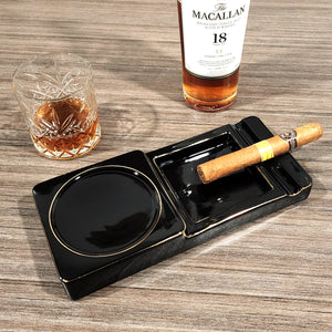 Personalized Ceramic Cigar Ashtray, Drink Coaster Whiskey Cup Glass rest Seduction Black with Elegant Gold Trims - SIKARX
