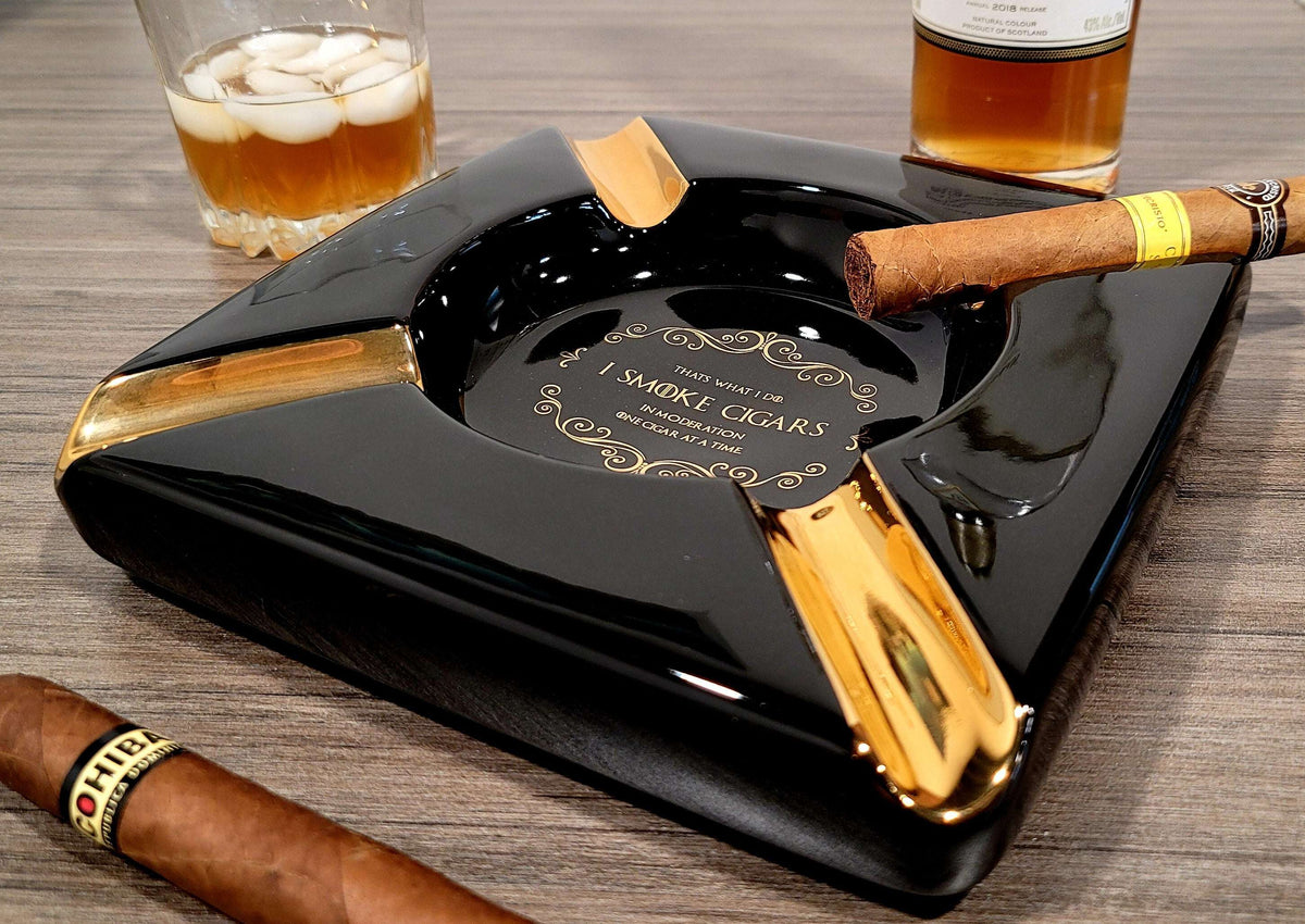 Personalized That's what I do I smoke cigars Black and Gold Large 4 Cigars Ceramic Ashtray Outdoor Use 4 Cigar rests - SIKARX