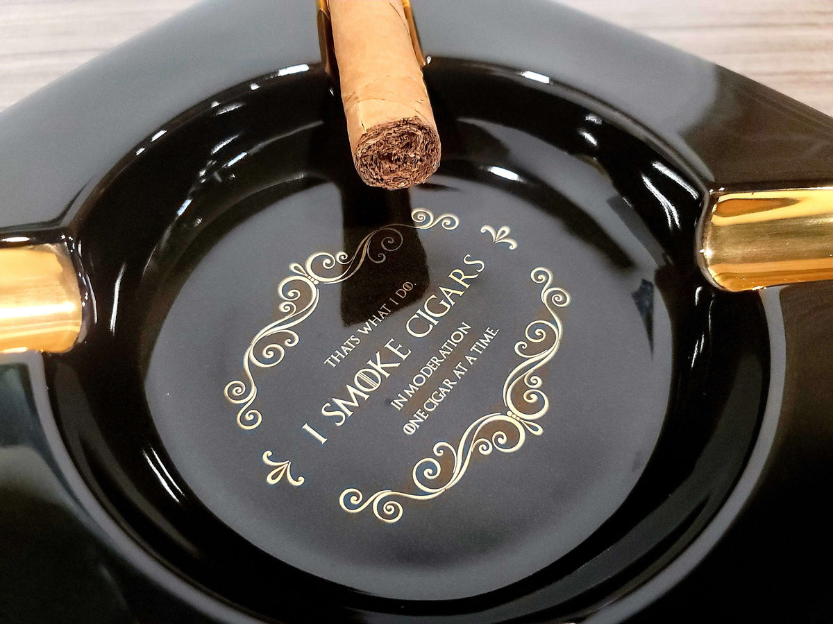 Personalized That's what I do I smoke cigars Black and Gold Large 4 Cigars Ceramic Ashtray Outdoor Use 4 Cigar rests - SIKARX