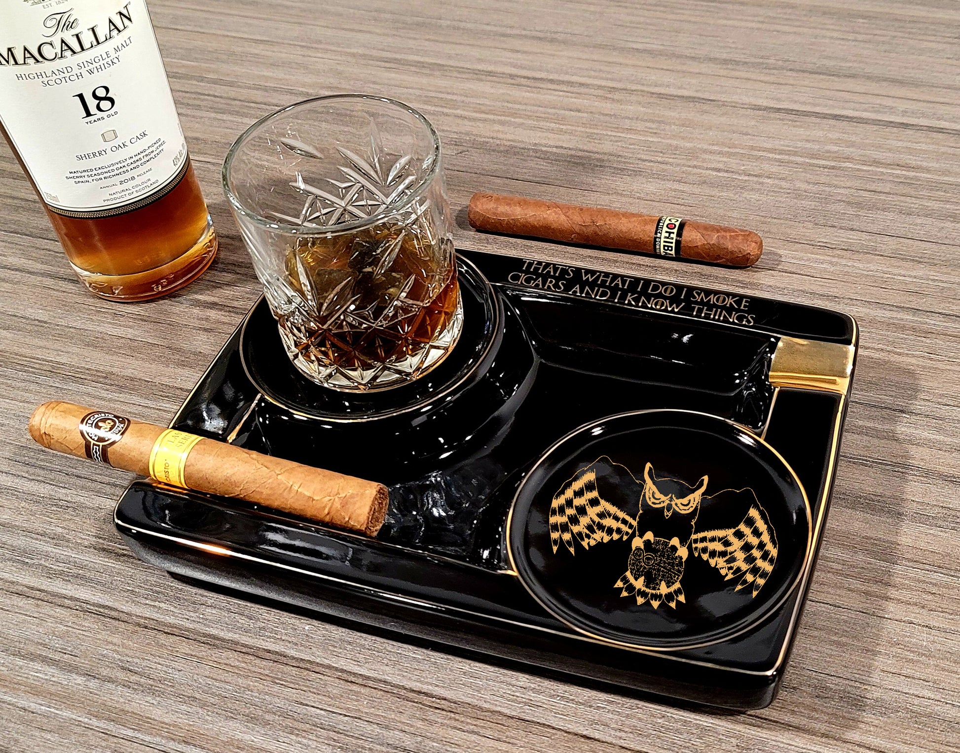 Personalized 2 Cigar Ceramic Ashtray, 2 Drink Coaster Whiskey Cup Glass rest Seduction Black with Elegant Gold Trims - SIKARX