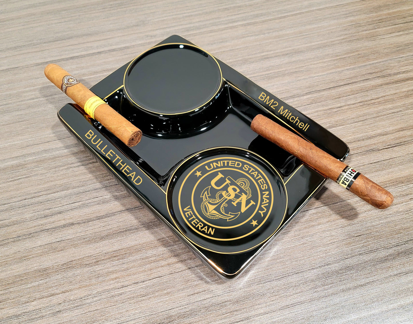 Personalized 2 Cigar Ceramic Ashtray, 2 Drink Coaster Whiskey Cup Glass rest Seduction Black with Elegant Gold Trims - SIKARX