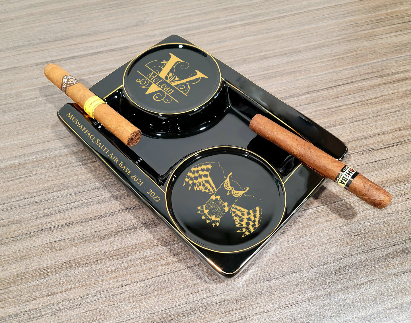 Personalized 2 Cigar Ceramic Ashtray, 2 Drink Coaster Whiskey Cup Glass rest Seduction Black with Elegant Gold Trims - SIKARX