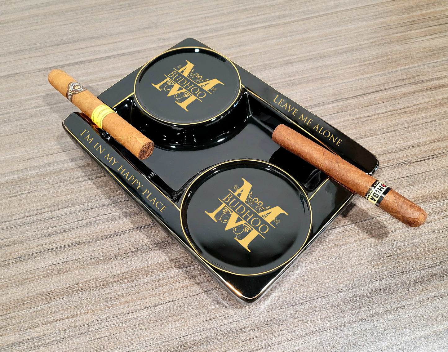 Personalized 2 Cigar Ceramic Ashtray, 2 Drink Coaster Whiskey Cup Glass rest Seduction Black with Elegant Gold Trims - SIKARX