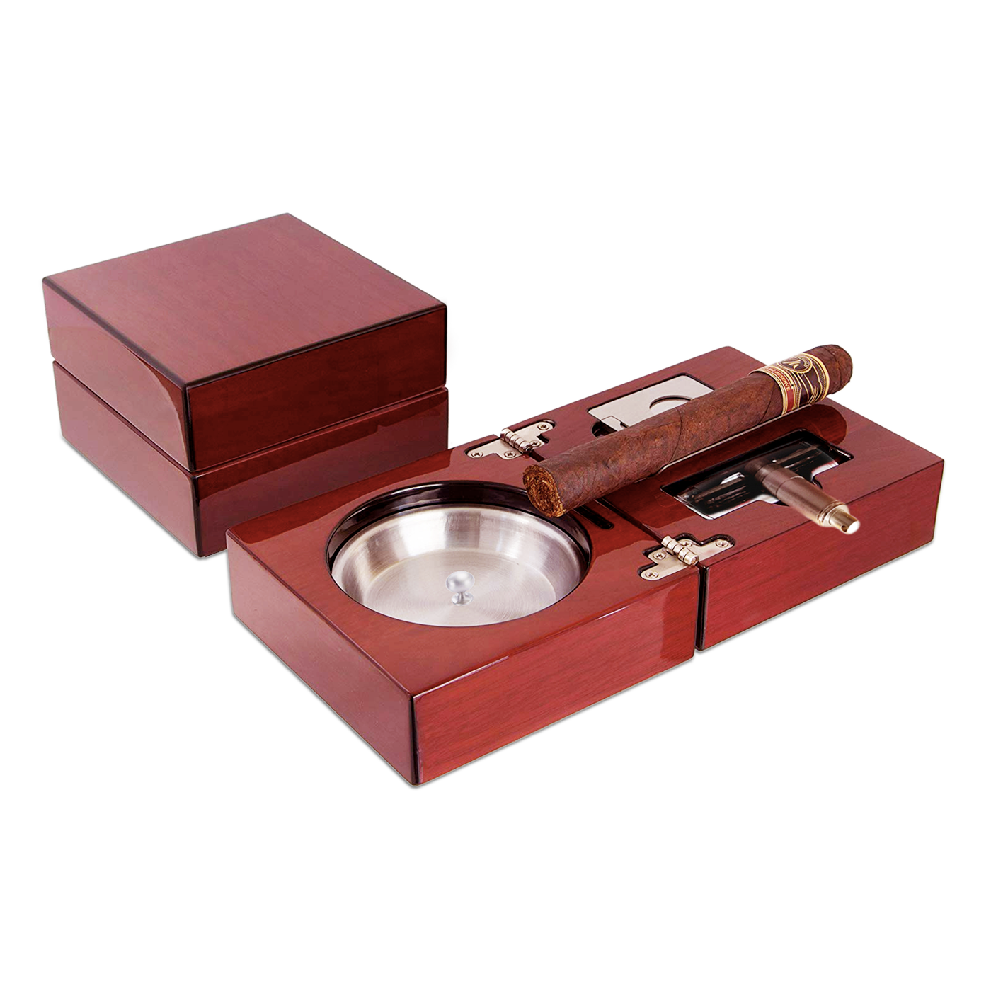 High Gloss Cherry Wood Foldable Ashtray Set - SIKARX