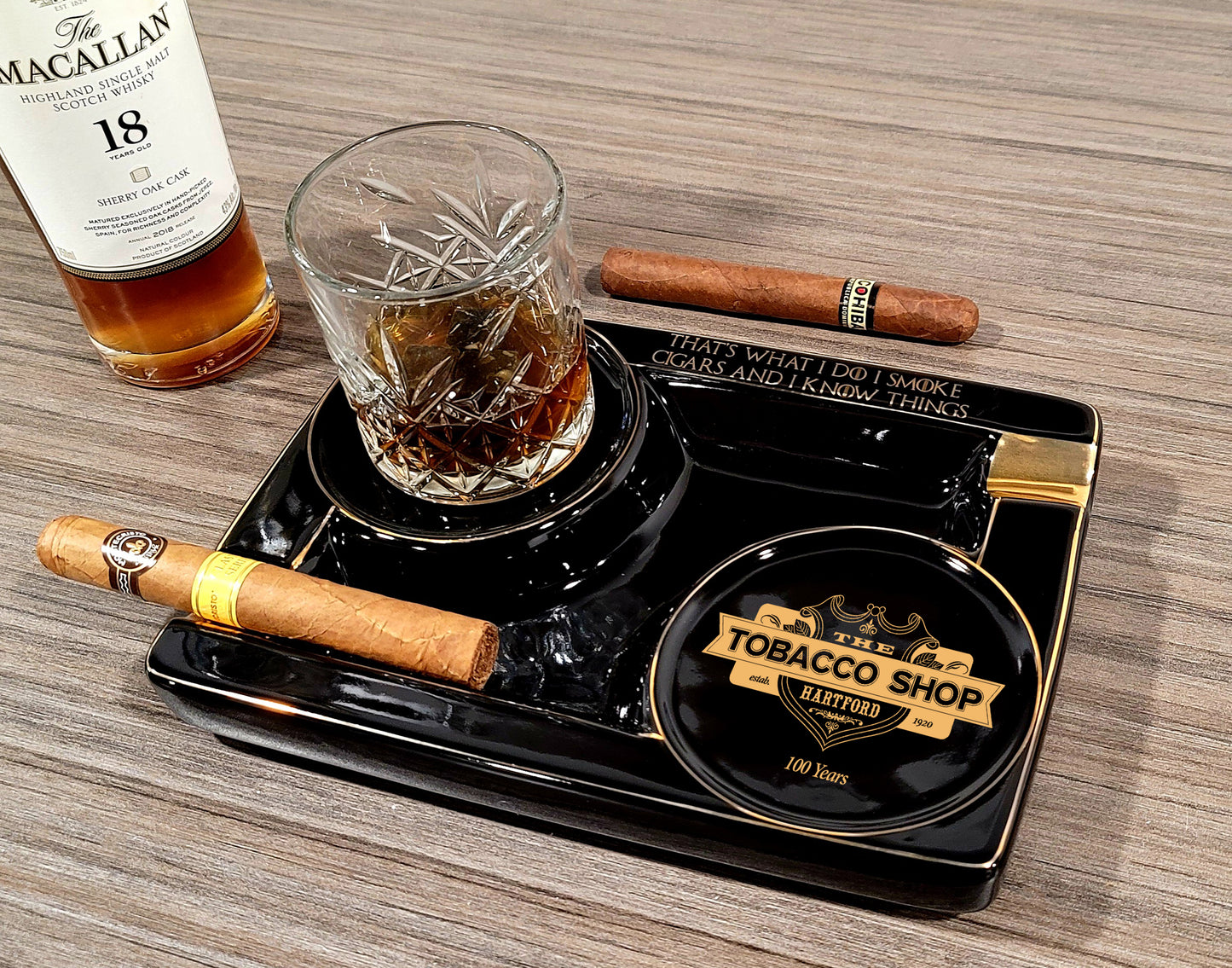 Personalized 2 Cigar Ceramic Ashtray, 2 Drink Coaster Whiskey Cup Glass rest Seduction Black with Elegant Gold Trims - SIKARX