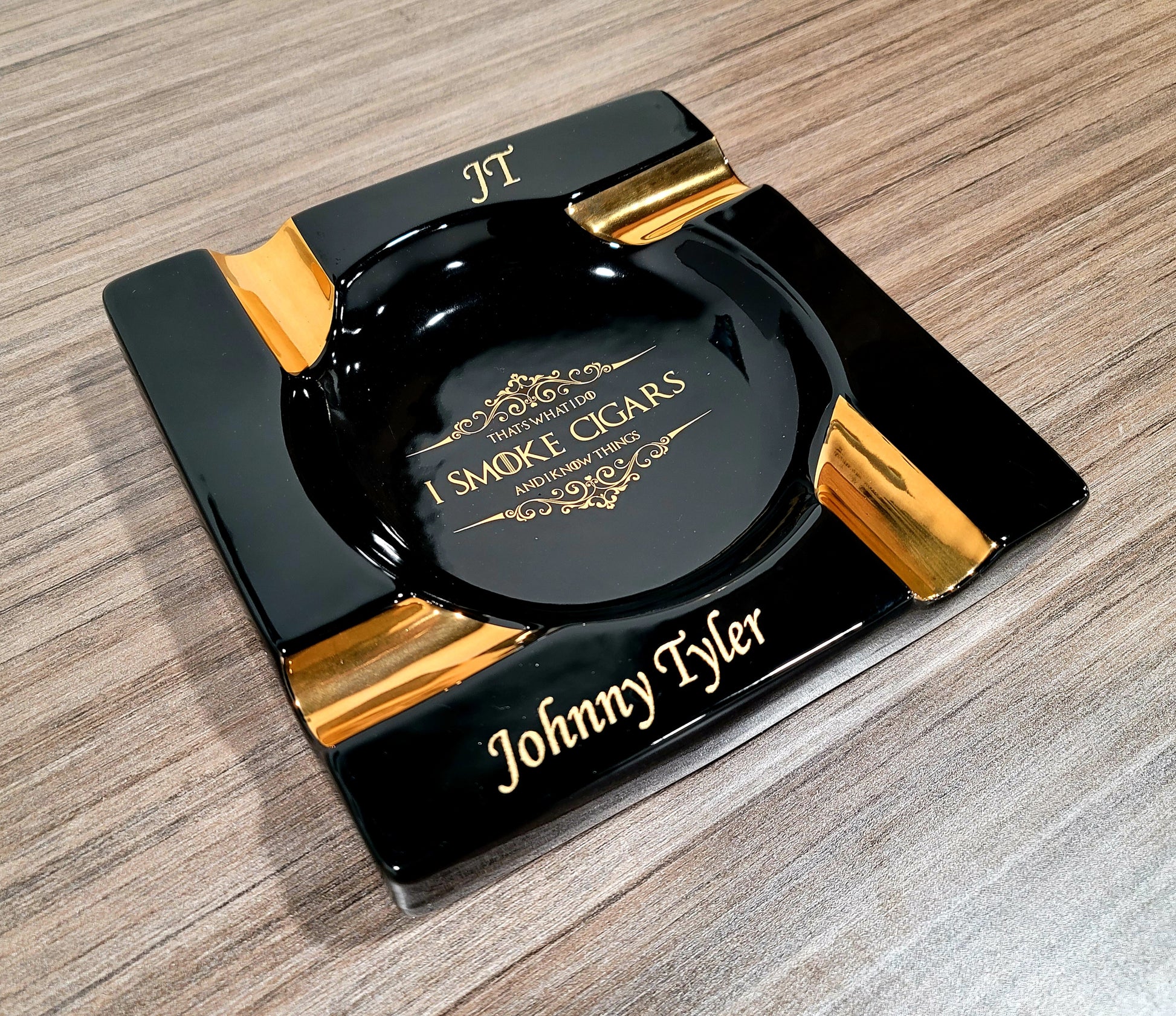 Personalized Gold & Brown Large Cigars Ceramic Ashtray for Patio / Outdoor Use 4 Cigar rests - SIKARX