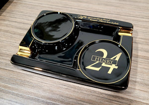 Personalized 2 Cigar Ceramic Ashtray, 2 Drink Coaster Whiskey Cup Glass rest Seduction Black with Elegant Gold Trims - SIKARX