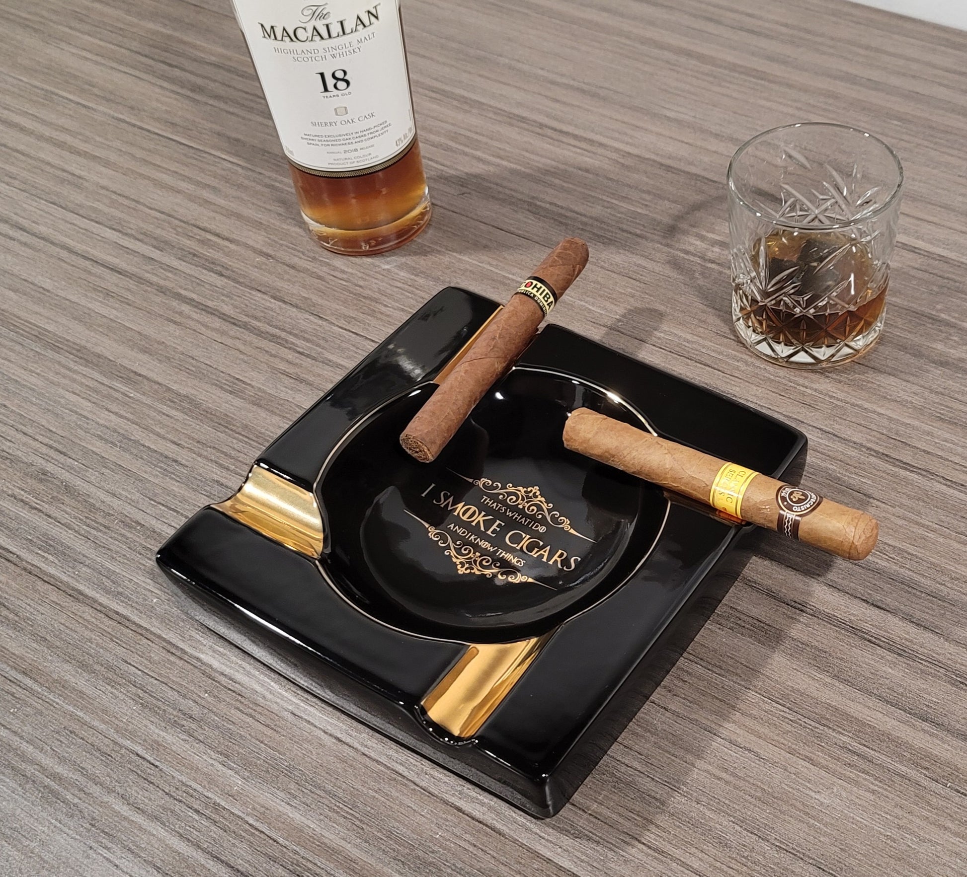 Personalized Gold & Brown Large Cigars Ceramic Ashtray for Patio / Outdoor Use 4 Cigar rests - SIKARX
