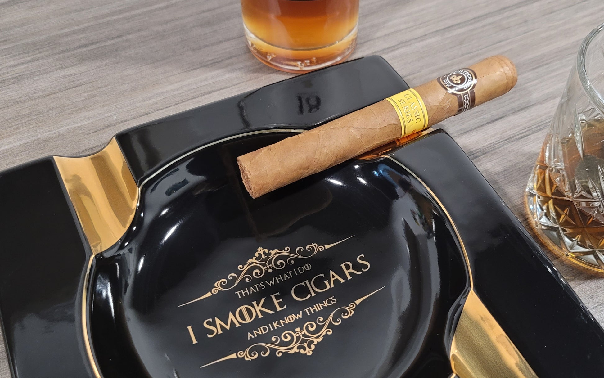 Personalized Gold & Brown Large Cigars Ceramic Ashtray for Patio / Outdoor Use 4 Cigar rests - SIKARX