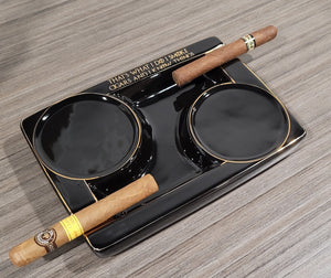 Personalized 2 Cigar Ceramic Ashtray, 2 Drink Coaster Whiskey Cup Glass rest Seduction Black with Elegant Gold Trims - SIKARX