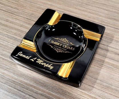 Personalized Gold & Brown Large Cigars Ceramic Ashtray for Patio / Outdoor Use 4 Cigar rests - SIKARX